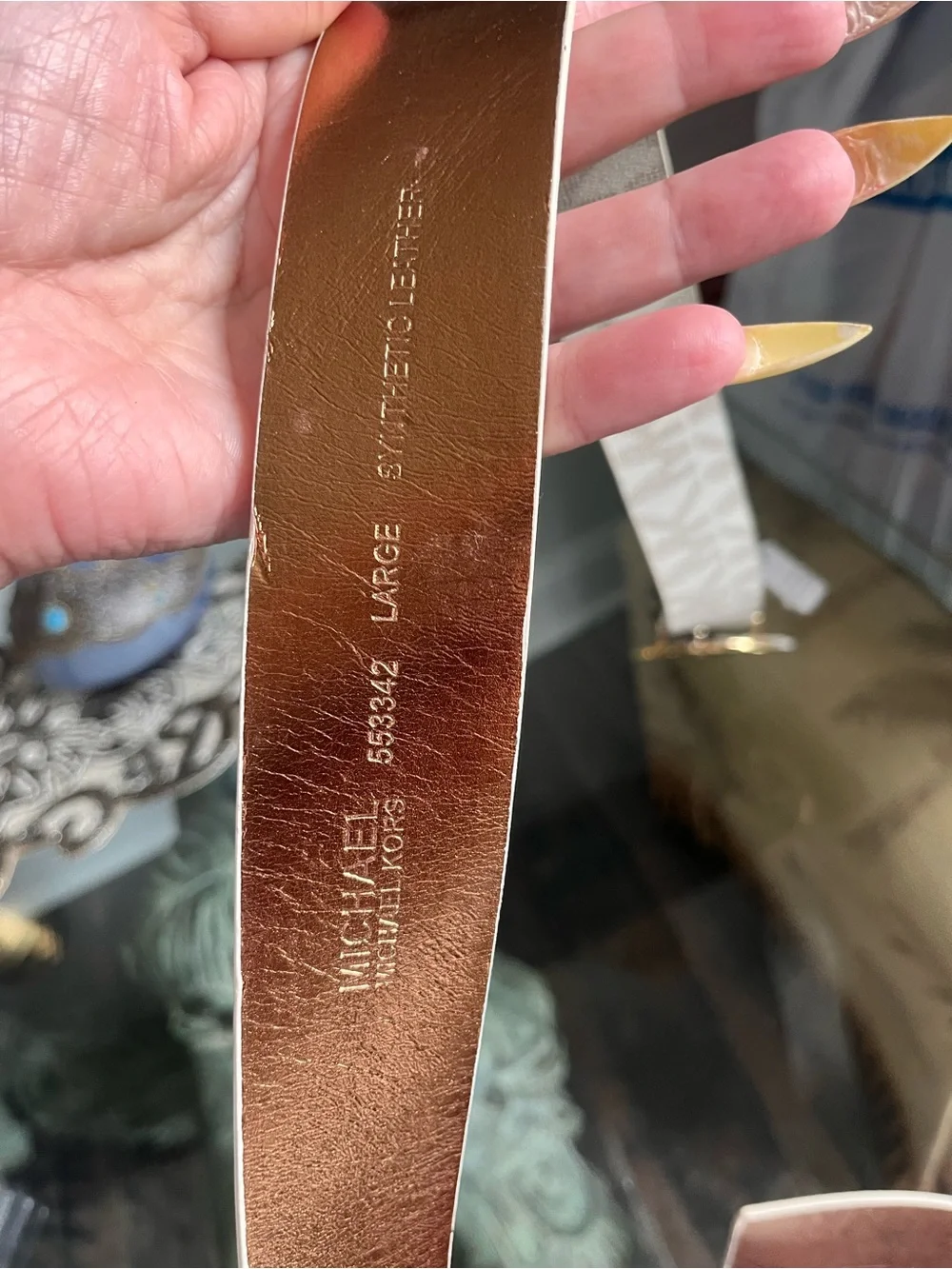 Women’s Michael Kors White Logo Belt with Gold MK Circle Buckle